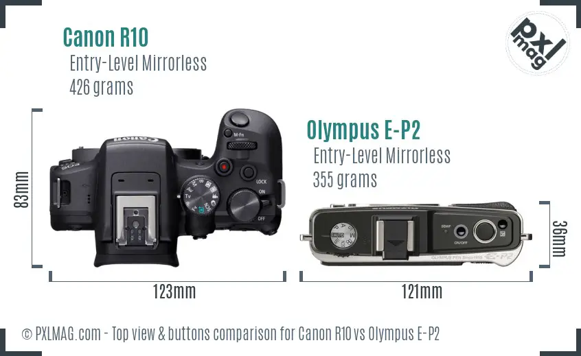 Canon R10 vs Olympus E-P2 top view buttons comparison