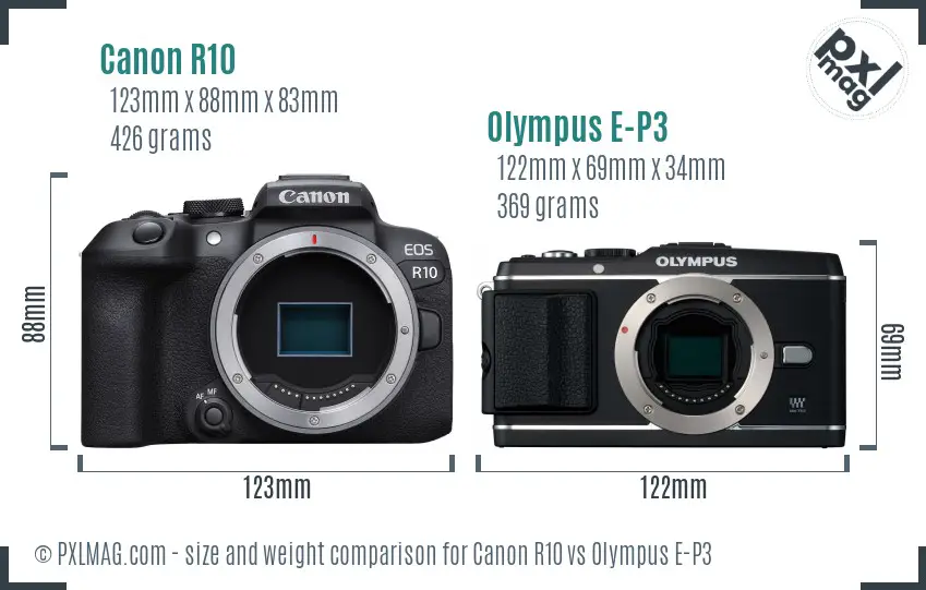 Canon R10 vs Olympus E-P3 size comparison Canon R10 vs Olympus E-P3 size comparison