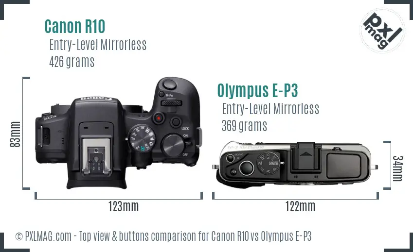 Canon R10 vs Olympus E-P3 top view buttons comparison Canon R10 vs Olympus E-P3 top view buttons comparison