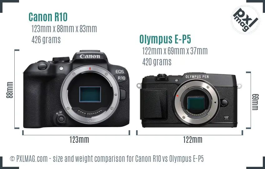 Canon R10 vs Olympus E-P5 size comparison