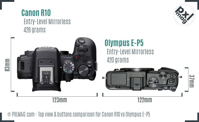 Canon R10 vs Olympus E-P5 top view buttons comparison