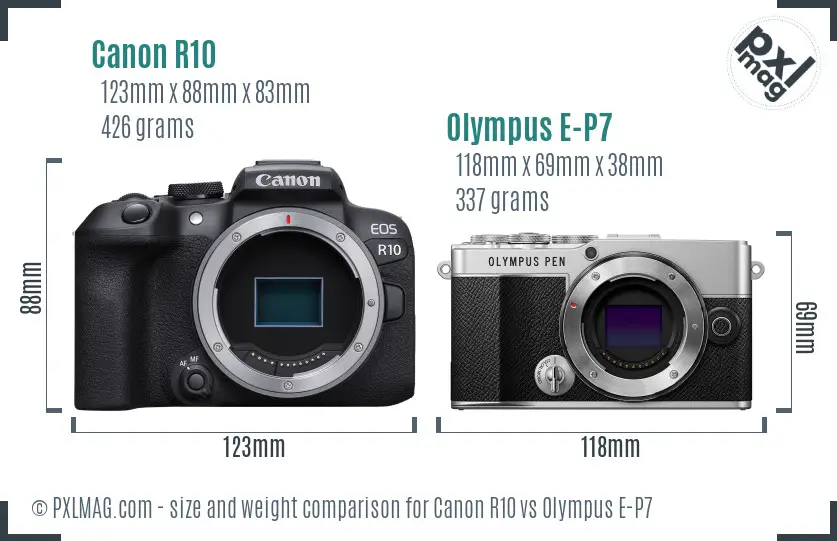 Canon R10 vs Olympus E-P7 size comparison