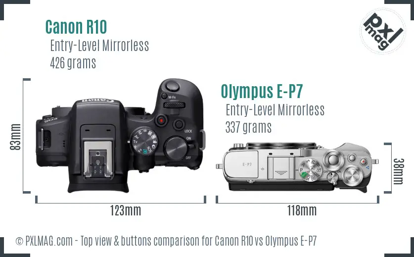 Canon R10 vs Olympus E-P7 top view buttons comparison