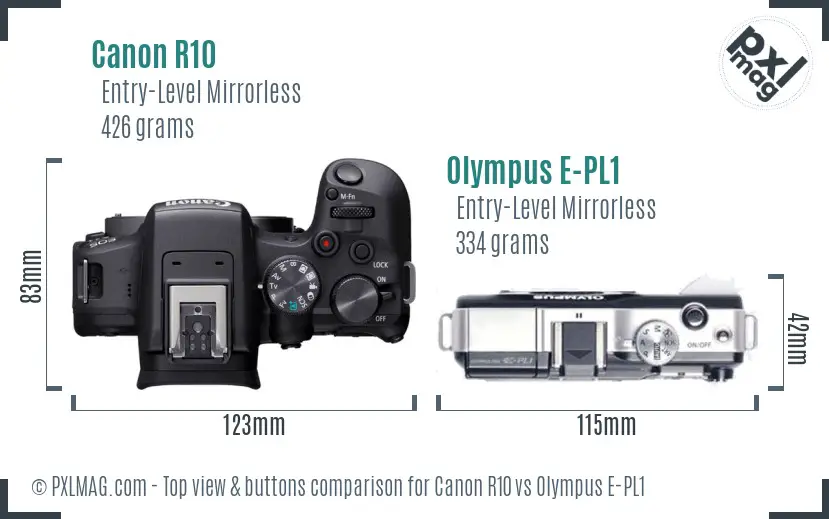 Canon R10 vs Olympus E-PL1 top view buttons comparison Canon R10 vs Olympus E-PL1 top view buttons comparison