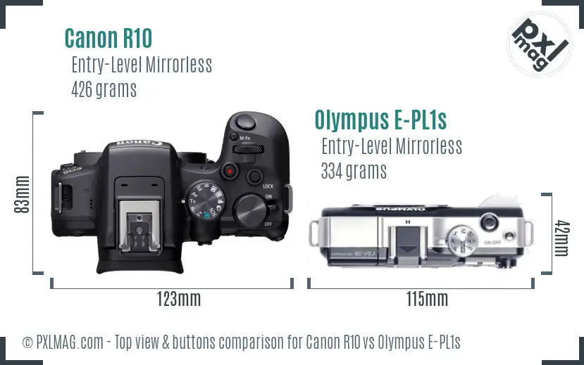 Canon R10 vs Olympus E-PL1s top view buttons comparison