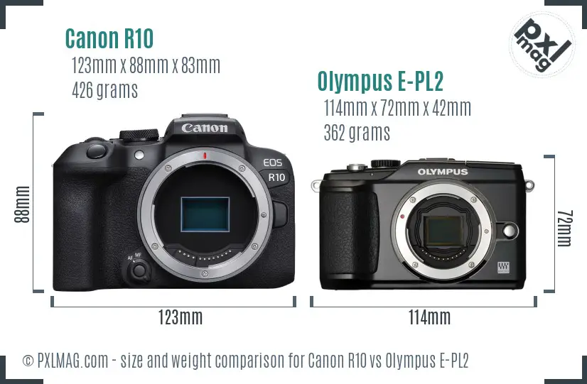 Canon R10 vs Olympus E-PL2 size comparison