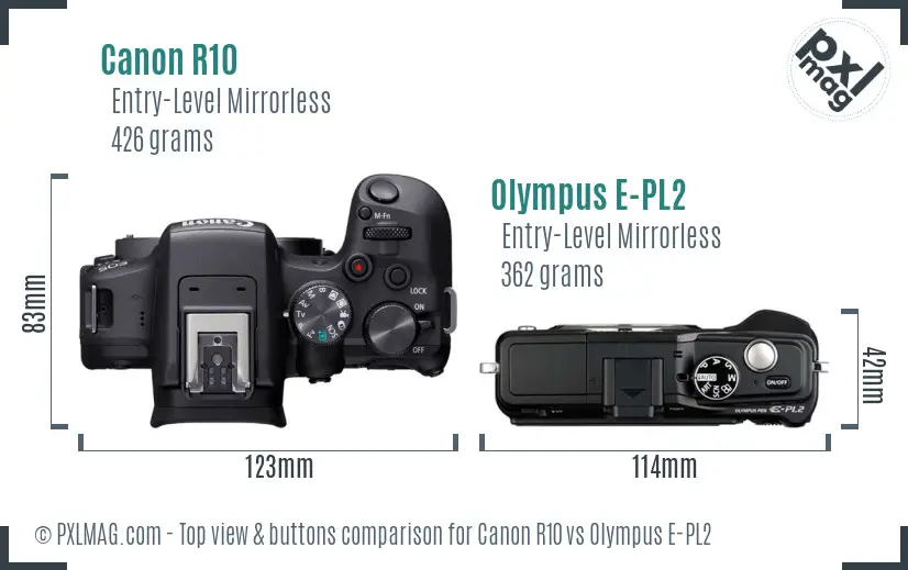 Canon R10 vs Olympus E-PL2 top view buttons comparison