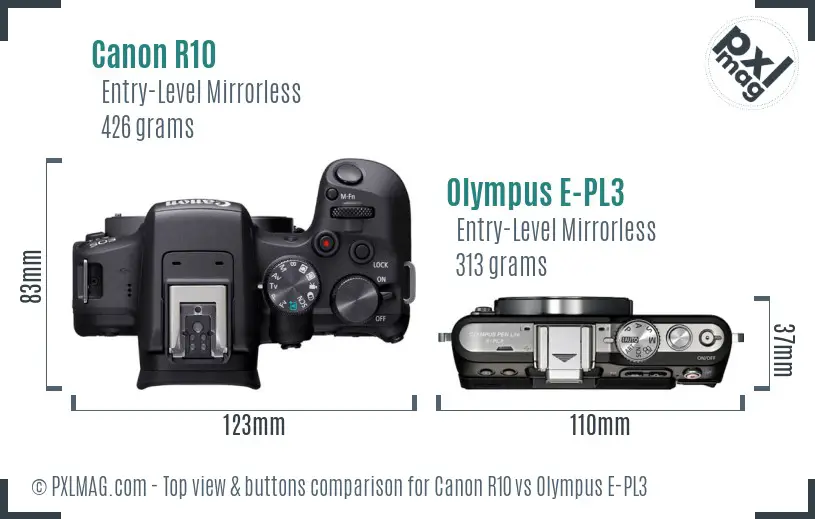 Canon R10 vs Olympus E-PL3 top view buttons comparison Canon R10 vs Olympus E-PL3 top view buttons comparison