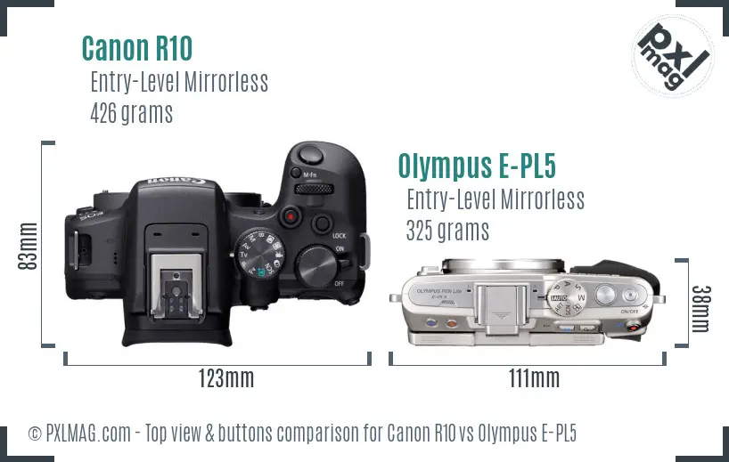 Canon R10 vs Olympus E-PL5 top view buttons comparison