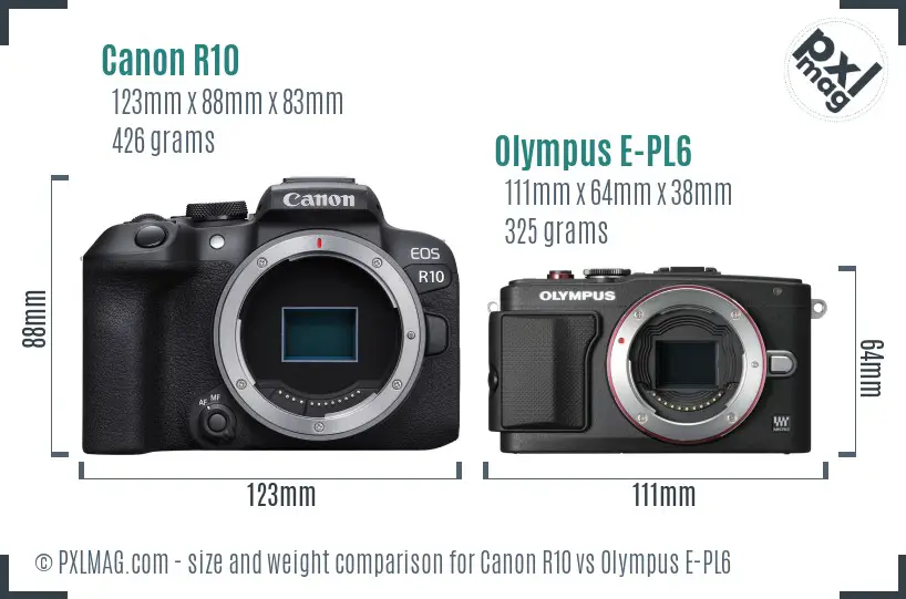 Canon R10 vs Olympus E-PL6 size comparison