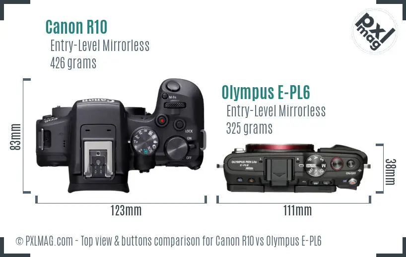 Canon R10 vs Olympus E-PL6 top view buttons comparison