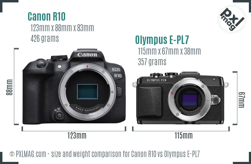 Canon R10 vs Olympus E-PL7 size comparison