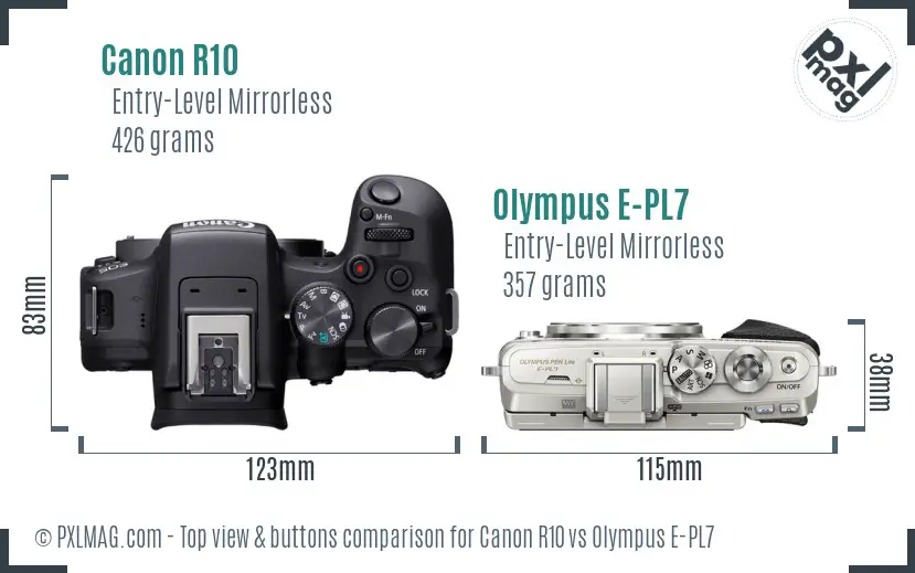 Canon R10 vs Olympus E-PL7 top view buttons comparison