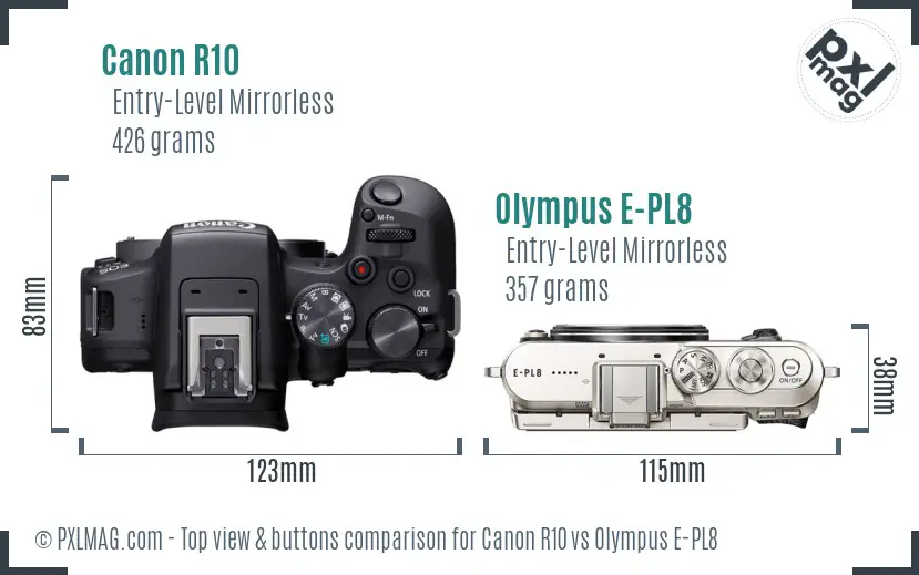 Canon R10 vs Olympus E-PL8 top view buttons comparison