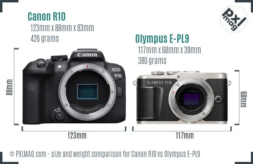 Canon R10 vs Olympus E-PL9 size comparison