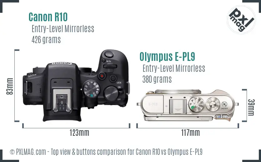 Canon R10 vs Olympus E-PL9 top view buttons comparison