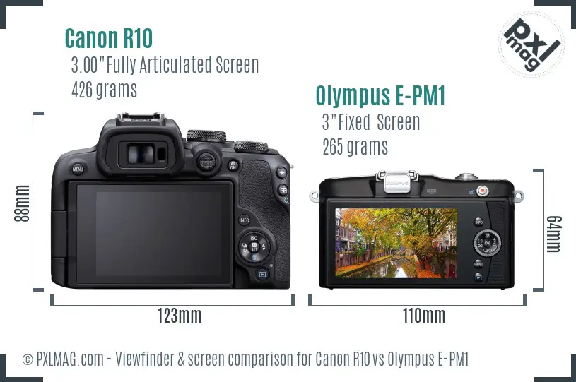 Canon R10 vs Olympus E-PM1 Screen and Viewfinder comparison