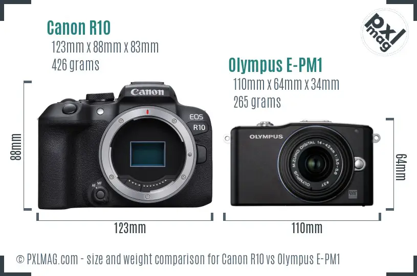 Canon R10 vs Olympus E-PM1 size comparison