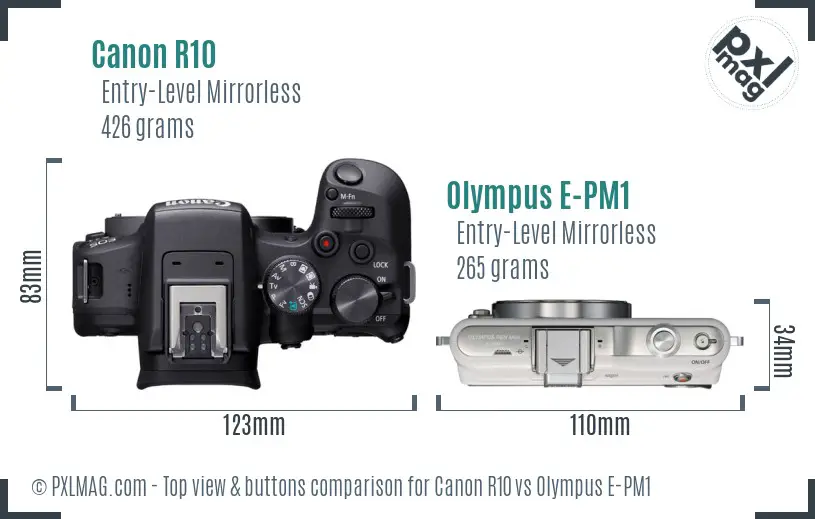 Canon R10 vs Olympus E-PM1 top view buttons comparison