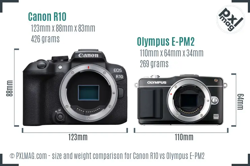 Canon R10 vs Olympus E-PM2 size comparison