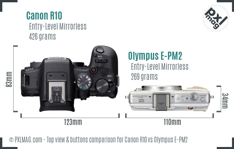 Canon R10 vs Olympus E-PM2 top view buttons comparison