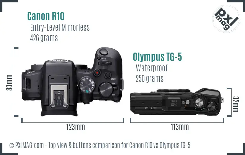 Canon R10 vs Olympus TG-5 top view buttons comparison Canon R10 vs Olympus TG-5 top view buttons comparison