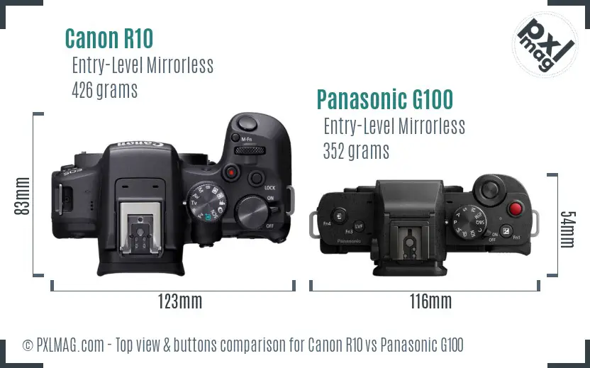 Canon R10 vs Panasonic G100 top view buttons comparison