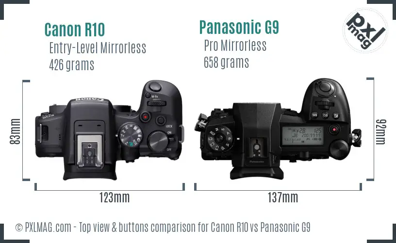 Canon R10 vs Panasonic G9 top view buttons comparison