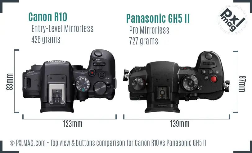 Canon R10 vs Panasonic GH5 II top view buttons comparison