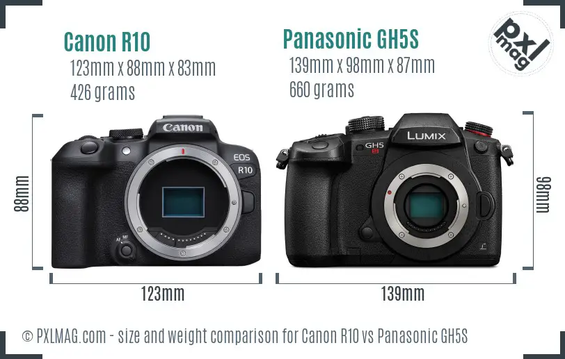 Canon R10 vs Panasonic GH5S size comparison