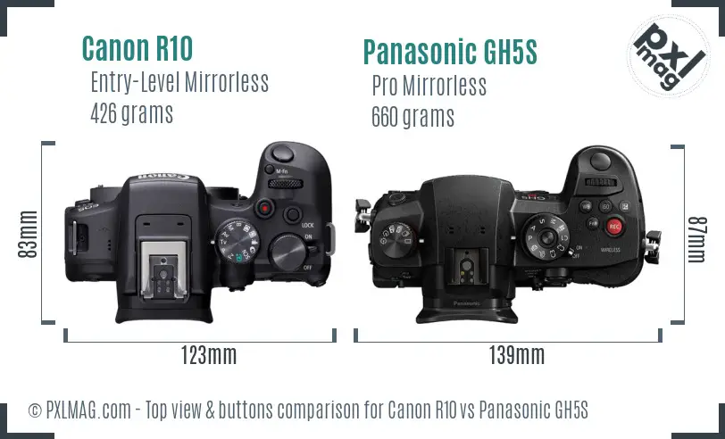 Canon R10 vs Panasonic GH5S top view buttons comparison