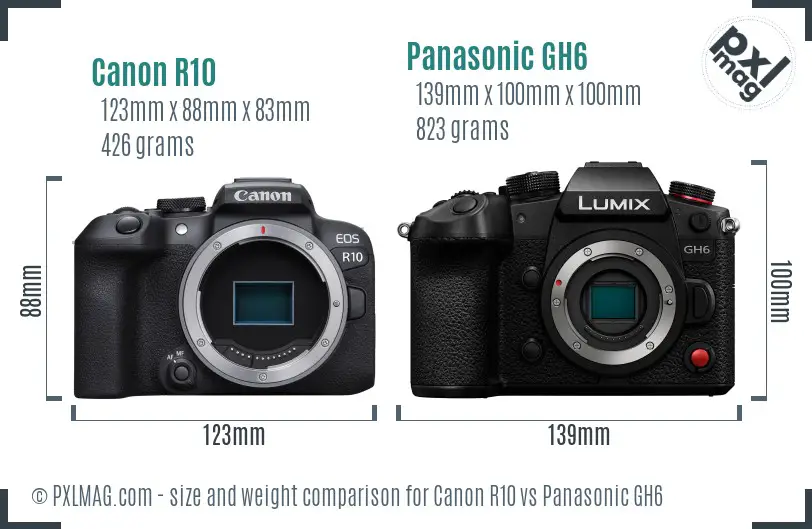 Canon R10 vs Panasonic GH6 size comparison