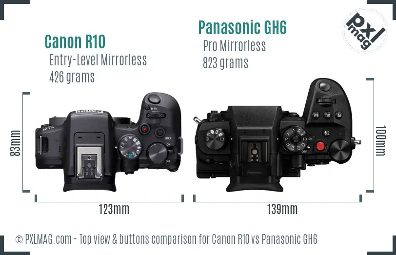 Canon R10 vs Panasonic GH6 top view buttons comparison