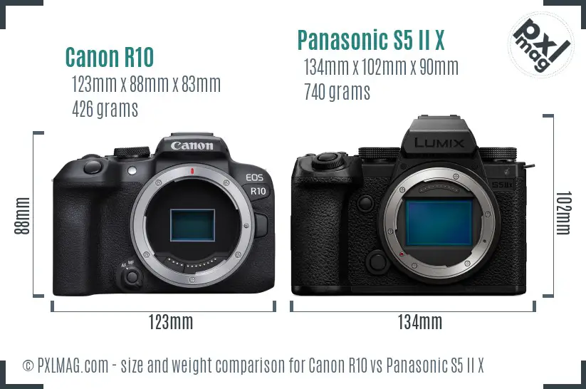 Canon R10 vs Panasonic S5 II X size comparison