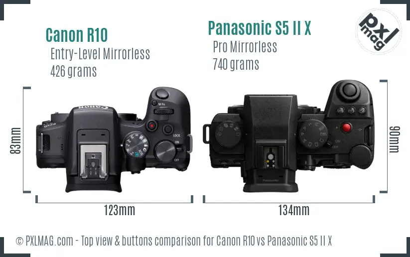 Canon R10 vs Panasonic S5 II X top view buttons comparison