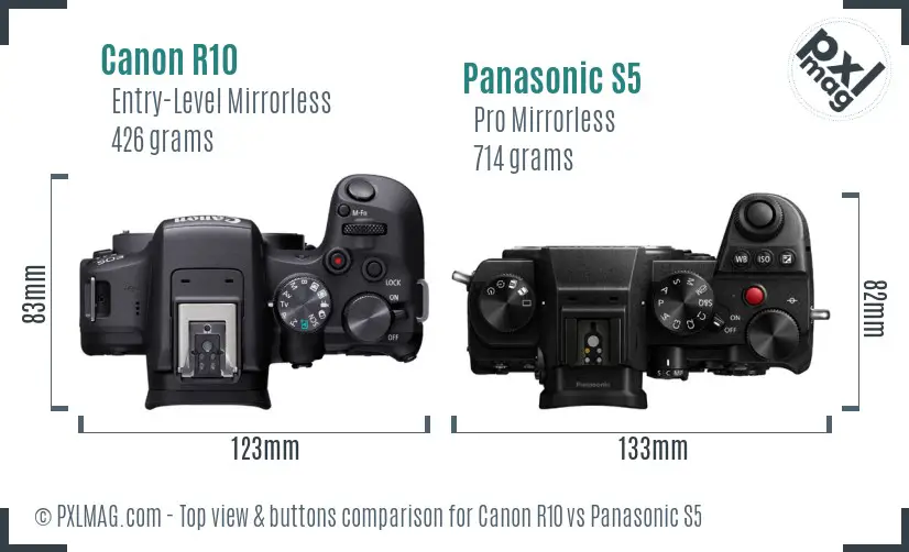 Canon R10 vs Panasonic S5 top view buttons comparison