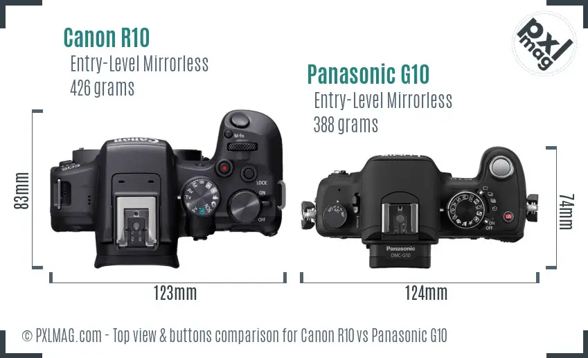 Canon R10 vs Panasonic G10 top view buttons comparison