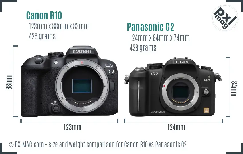 Canon R10 vs Panasonic G2 size comparison
