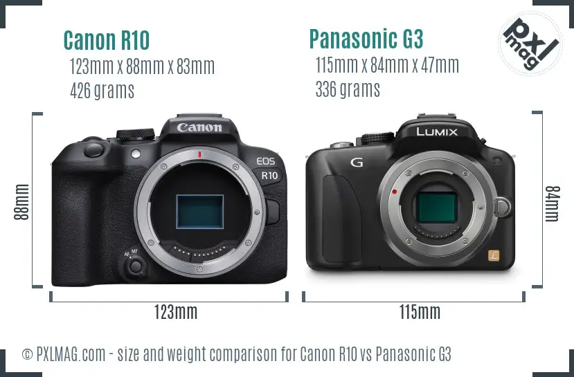 Canon R10 vs Panasonic G3 size comparison