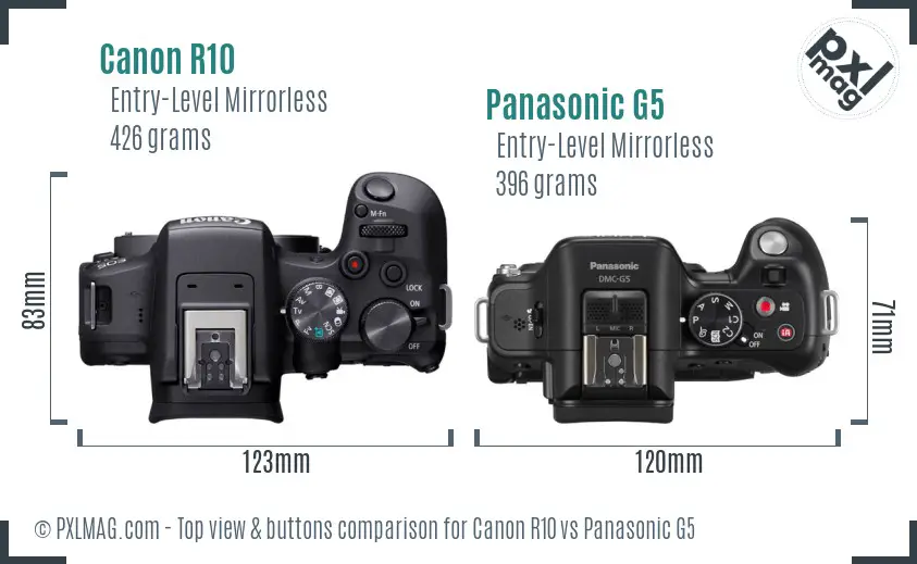 Canon R10 vs Panasonic G5 top view buttons comparison