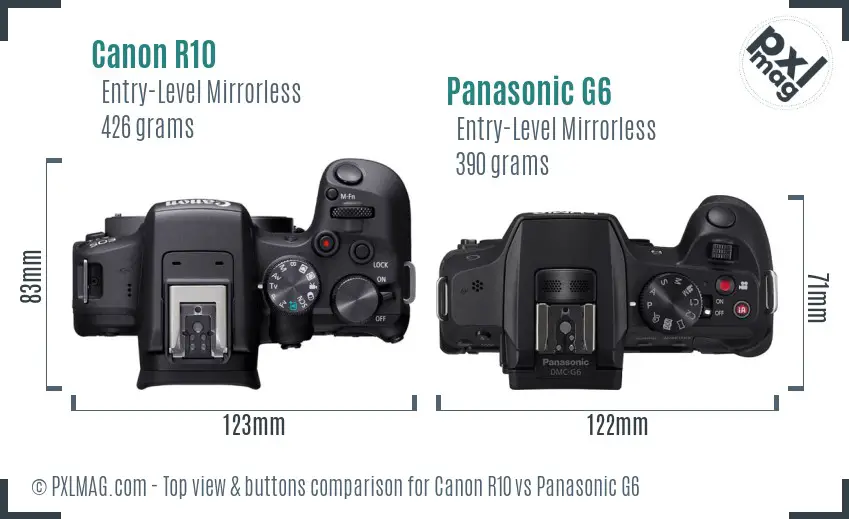 Canon R10 vs Panasonic G6 top view buttons comparison