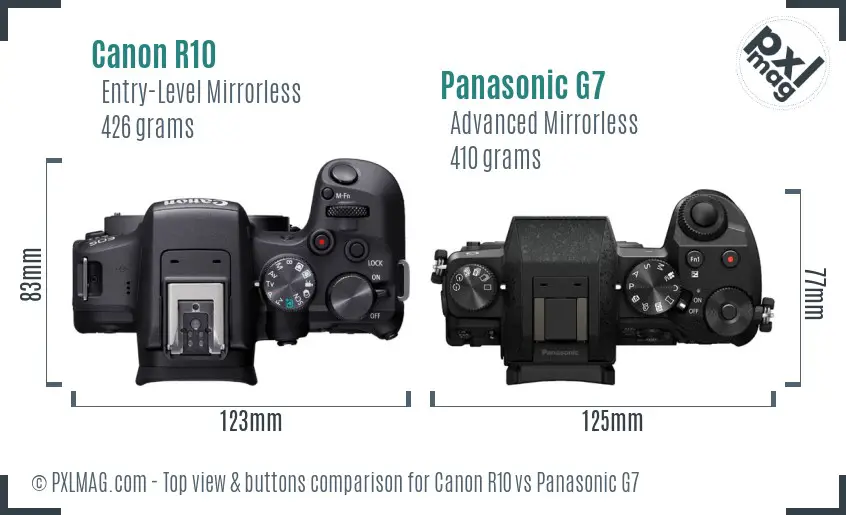 Canon R10 vs Panasonic G7 top view buttons comparison