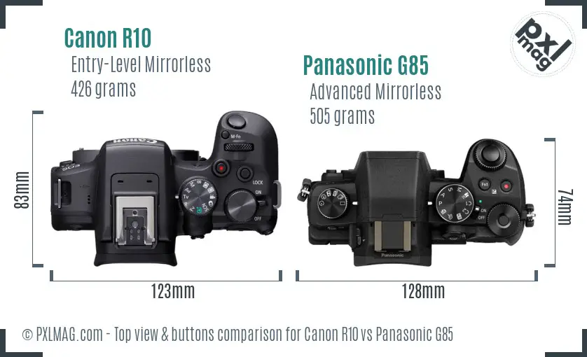 Canon R10 vs Panasonic G85 top view buttons comparison