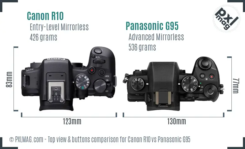 Canon R10 vs Panasonic G95 top view buttons comparison