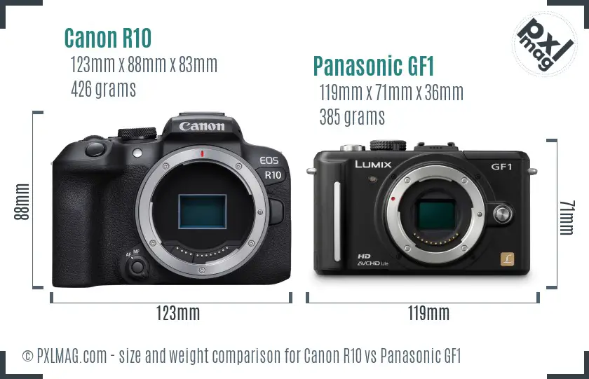 Canon R10 vs Panasonic GF1 size comparison