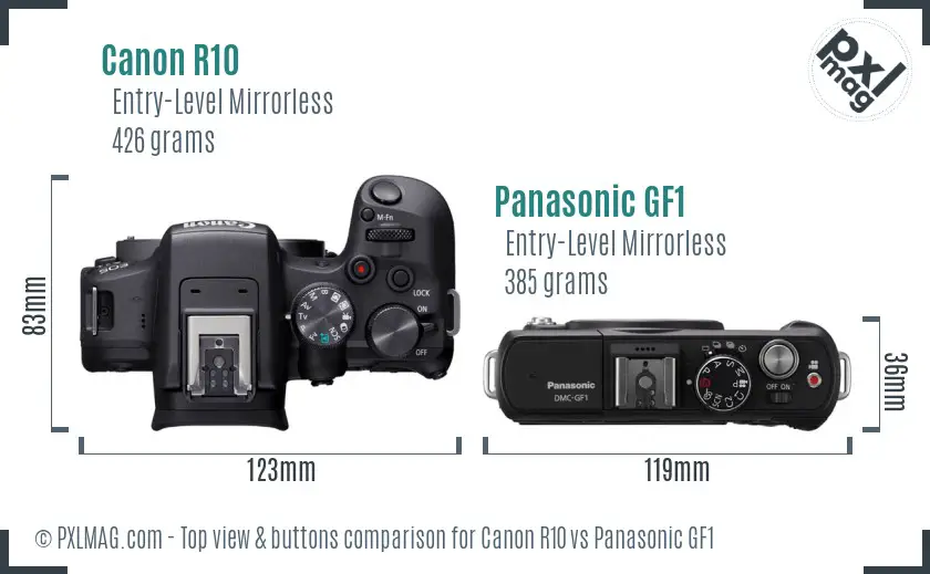 Canon R10 vs Panasonic GF1 top view buttons comparison