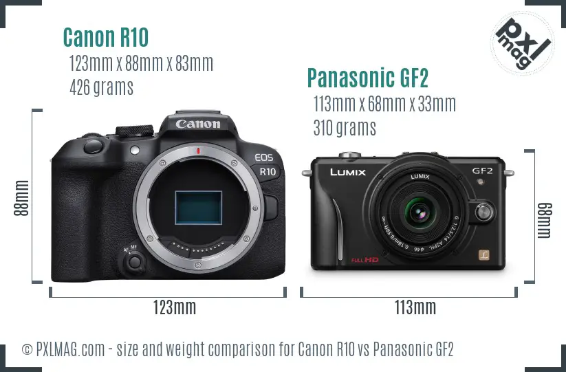 Canon R10 vs Panasonic GF2 size comparison