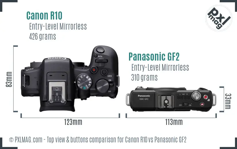 Canon R10 vs Panasonic GF2 top view buttons comparison