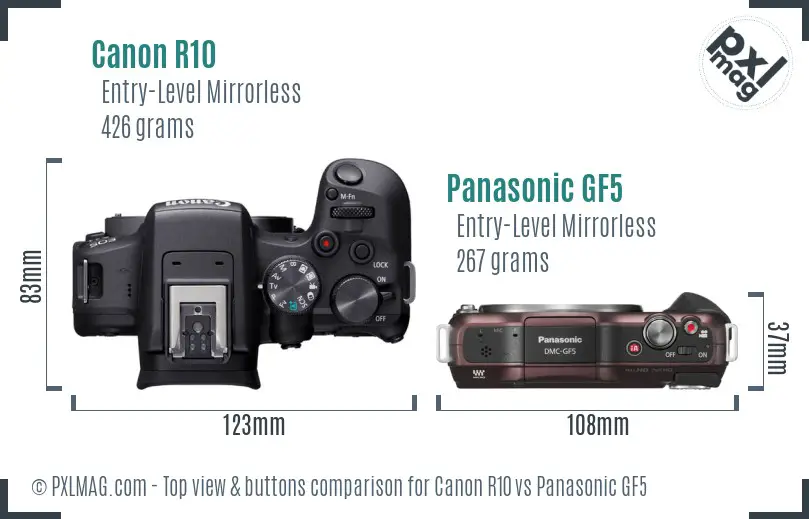 Canon R10 vs Panasonic GF5 top view buttons comparison
