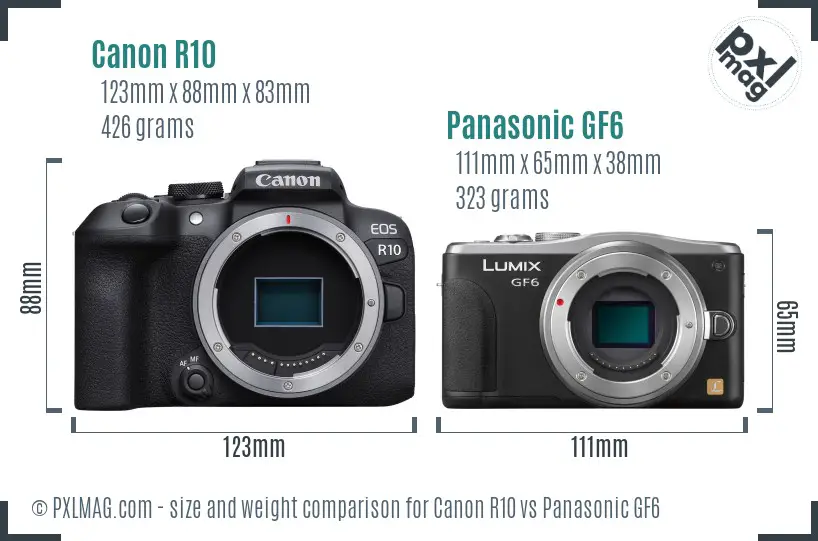 Canon R10 vs Panasonic GF6 size comparison Canon R10 vs Panasonic GF6 size comparison
